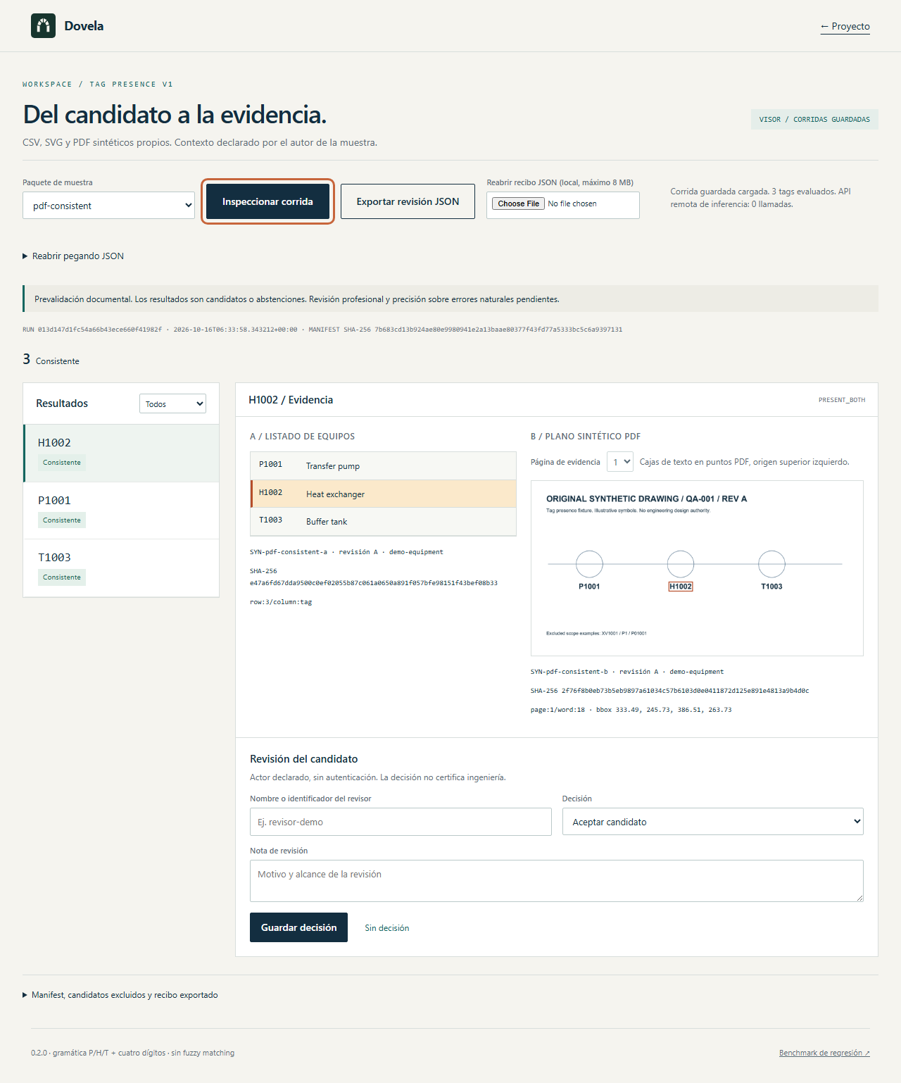 Review prototype showing a CSV list, an original PDF drawing, evidence locations and decision controls.